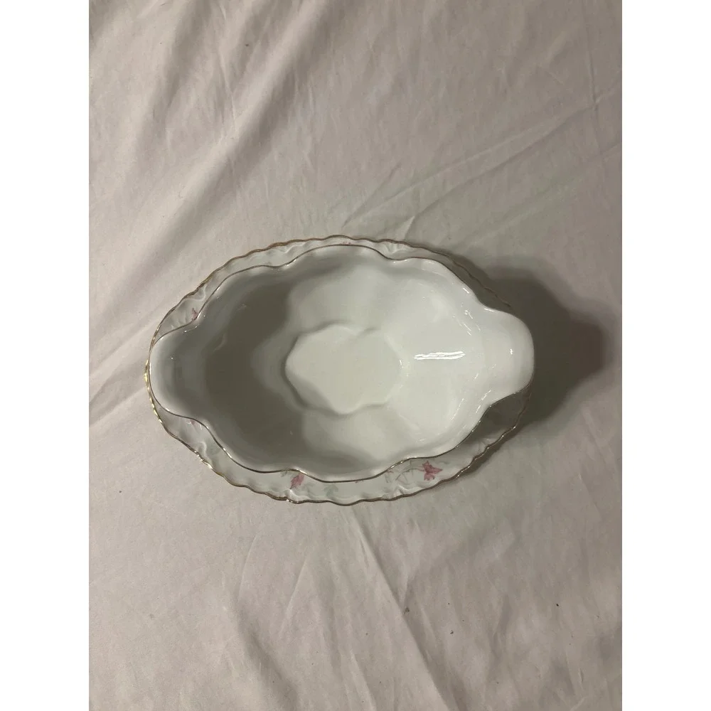 Hutschenreuther Selb Bavaria Floral Gravy Boat Attached Plate Gold Trim
